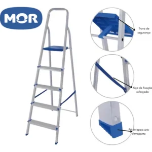 Escada Doméstica De Alumínio 5 Degraus Dobrável Mor Cor Metal